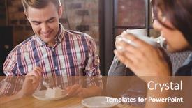  Presentation with cafe - PPT theme enhanced with group-of-friends-enjoying background and a coral colored foreground