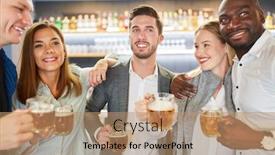  Presentation with pub - Beautiful slides featuring group-of-friends-having-beer backdrop and a coral colored foreground