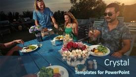  Presentation with dinner party - PPT theme having group-of-friends-having-dinner background and a ocean colored foreground
