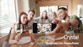  Presentation with focus group hands taking notes - Presentation theme consisting of group of friends having dinner background and a tawny brown colored foreground