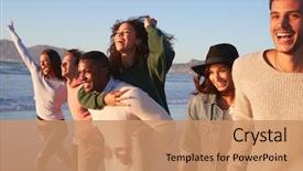  Presentation with fun brain - Beautiful PPT theme featuring group of friends having fun backdrop and a coral colored foreground