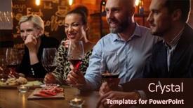  Presentation with talk - Slide set with group of friends having fun talk behind bar counter in a cafe background and a wine colored foreground