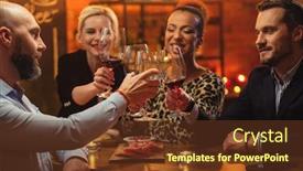  Presentation with talk - Beautiful theme featuring group of friends having fun talk behind bar counter in a cafe backdrop and a tawny brown colored foreground