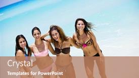  Presentation with cancun - Beautiful PPT theme featuring group of friends having fun walking at the paradise beach of cancun backdrop and a coral colored foreground