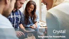  Presentation with using digital tablet - Theme featuring group of friends in caf background and a  colored foreground