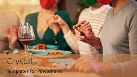  Presentation with masks - Audience pleasing PPT theme consisting of group-of-friends-in-masks backdrop and a coral colored foreground