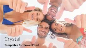  Presentation with selfie - Slide deck with group of friends in swimsuits taking a selfie at the beach background and a coral colored foreground