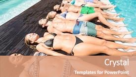  Presentation with pool side - Presentation design consisting of group of friends in swimwear relaxing side by side near pool background and a coral colored foreground