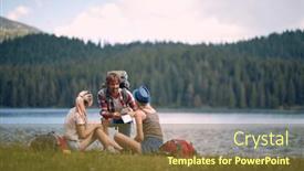  Presentation with hiking - Theme having group-of-friends-is-chatting background and a tawny brown colored foreground