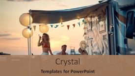  Presentation with camping - Presentation theme consisting of group-of-friends-is-sitting background and a coral colored foreground