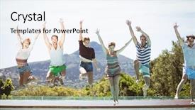  Presentation with swimming - PPT layouts with group of friends jumping in swimming pool with their hands raised background and a sky blue colored foreground