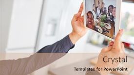  Presentation with video - PPT theme having group-of-friends-makes-livestream background and a coral colored foreground