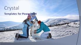  Presentation with snowman - Amazing PPT theme having group of friends making snowman at ski resort winter vacation backdrop and a sky blue colored foreground
