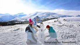  Presentation with snowman - Slide set consisting of group of friends making snowman at ski resort winter vacation background and a light gray colored foreground