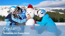  Presentation with snowman - Cool new slide deck with group of friends making snowman at ski resort winter vacation backdrop and a teal colored foreground