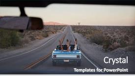  Presentation with classic car - Slide deck having group of friends on road background and a dark gray colored foreground