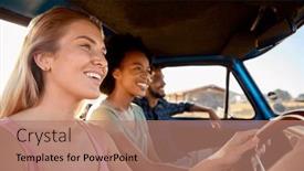  Presentation with driving road - Slide deck consisting of group-of-friends-on-road background and a coral colored foreground