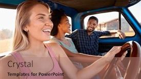  Presentation with driving road - Slide set featuring group-of-friends-on-road background and a coral colored foreground