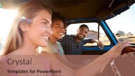  Presentation with driving road - PPT layouts consisting of group-of-friends-on-road background and a coral colored foreground