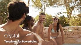  Presentation with next - PPT theme consisting of group of friends on vacation relaxing next to outdoor pool background and a tawny brown colored foreground