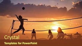  Presentation with beach volleyball - Slide deck featuring group-of-friends-playing-beach background and a tawny brown colored foreground