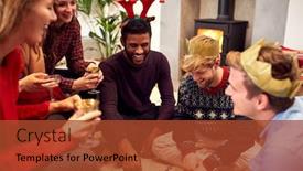  Presentation with board games - Beautiful presentation design featuring group of friends playing board games after enjoying christmas dinner at home backdrop and a red colored foreground