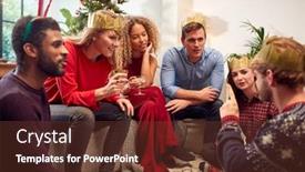  Presentation with christmas dinner - Presentation featuring group of friends playing charades after enjoying christmas dinner at home background and a tawny brown colored foreground