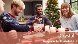  Presentation with christmas dinner - Presentation featuring group of friends sitting around table making a toast at home and eating christmas dinner background and a coral colored foreground