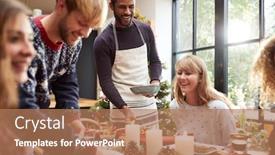  Presentation with dining table - Amazing presentation having group of friends sitting around dining table at home as christmas dinner is served backdrop and a coral colored foreground