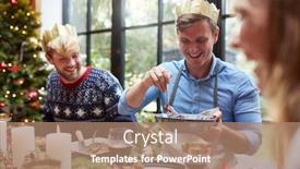  Presentation with dining table - Slide deck with group of friends sitting around dining table at home as christmas dinner is served background and a coral colored foreground