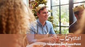  Presentation with christmas dinner - Presentation design consisting of group of friends sitting around table at home for christmas dinner reading jokes from crackers background and a coral colored foreground