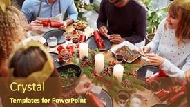  Presentation with christmas dinner - Presentation design featuring group of friends sitting around table at home for christmas dinner reading jokes from crackers background and a tawny brown colored foreground