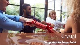  Presentation with christmas dinner - Cool new PPT theme with group of friends sitting around table at home for christmas dinner pulling crackers backdrop and a tawny brown colored foreground