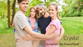  Presentation with nature community - Slide deck featuring group-of-friends-standing background and a coral colored foreground