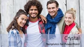  Presentation with friends - Cool new PPT theme with group of friends standing with arms backdrop and a light blue colored foreground