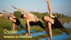  Presentation with friends - Beautiful PPT layouts featuring group of friends standing in lunge twist pose while doing yoga outdoors on river bank backdrop and a tawny brown colored foreground