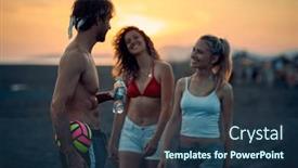  Presentation with beach volleyball - PPT theme featuring group-of-friends-starting background and a ocean colored foreground