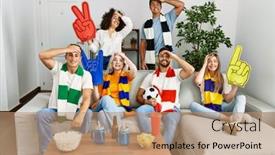  Presentation with team group - PPT theme with group-of-friends-supporting-football background and a coral colored foreground