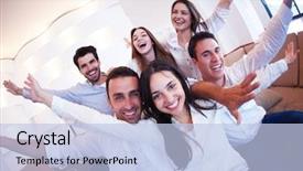  Presentation with focus group hands taking notes - Cool new slides with group of friends taking selfie backdrop and a  colored foreground