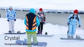  Presentation with focus group hands taking notes - Amazing slide deck having group of friends taking snowboard backdrop and a light blue colored foreground