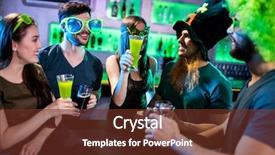  Presentation with restaurant toasting - Theme enhanced with group of friends toasting beer mugs and drink glasses in restaurant background and a tawny brown colored foreground