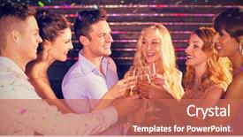  Presentation with toasting - PPT theme featuring group of friends toasting glasses of champagne against flying colours background and a coral colored foreground
