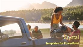  Presentation with road trip - Presentation theme consisting of group-of-friends-unloading-backpack background and a coral colored foreground