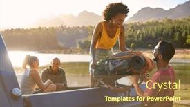  Presentation with road trip - PPT theme with group-of-friends-unloading-backpack background and a tawny brown colored foreground