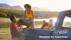  Presentation with road trip - PPT theme enhanced with group-of-friends-unloading-backpack background and a dark gray colored foreground