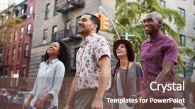  Presentation with new york city - Colorful presentation enhanced with group of friends walking along backdrop and a violet colored foreground