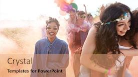  Presentation with outdoor festival - PPT theme enhanced with group of friends walking back to tent after outdoor music festival with balloons and smoke flare background and a coral colored foreground