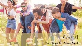  Presentation with outdoor festival - Slide set with group of friends walking back to tent after outdoor music festival with men giving women piggybacks background and a yellow colored foreground
