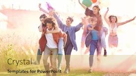  Presentation with outdoor festival - Presentation design featuring group of friends walking back to tent after outdoor music festival with balloons and smoke flare background and a yellow colored foreground