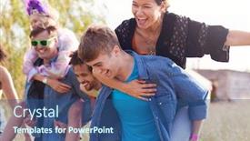  Presentation with outdoor festival - PPT theme enhanced with group of friends walking back to tent after outdoor music festival with men giving women piggybacks background and a ocean colored foreground